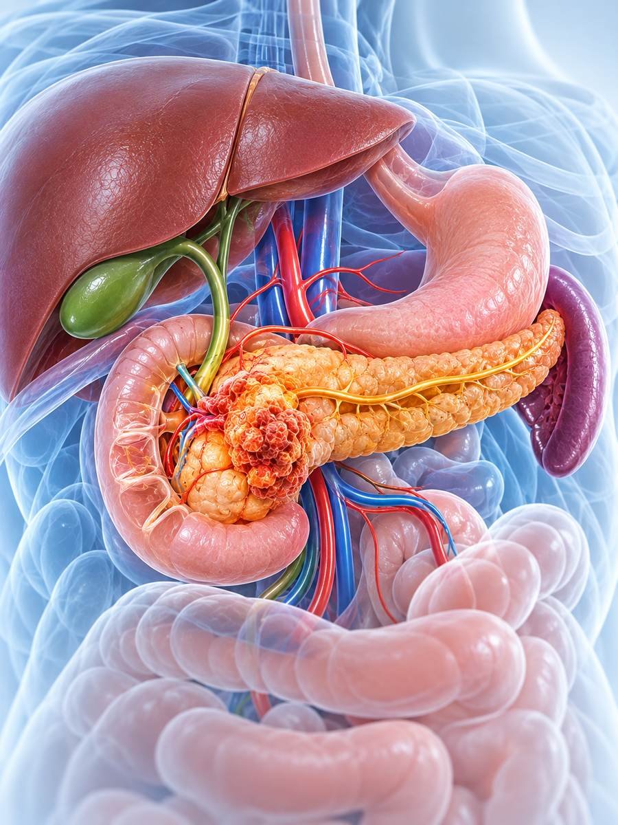 Medical illustration showing the pancreas and nearby digestive organs